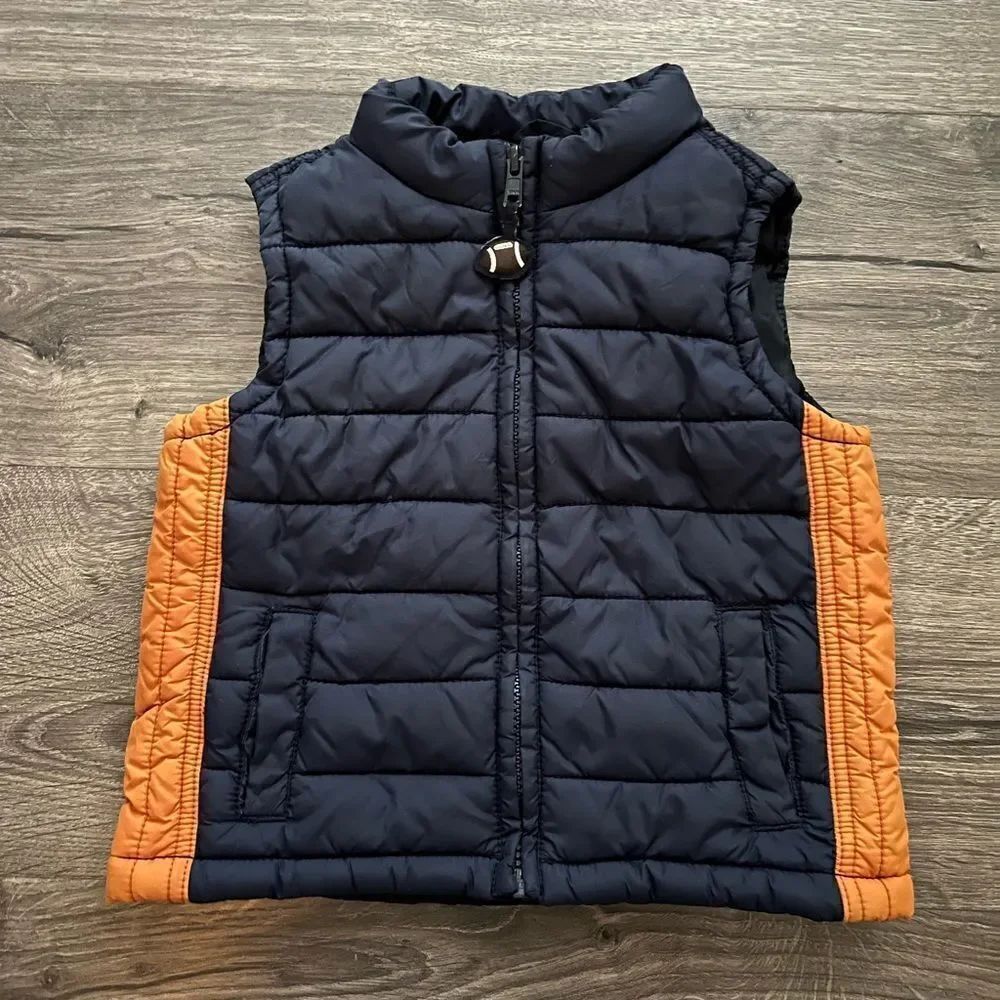 Gymboree Boy's Puffer Vest Size 12-24 months Football Orange Navy Blue